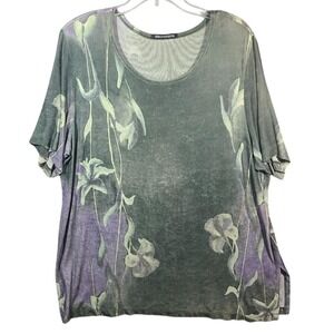 Distinctions Floral Print Top - Green Purple Acetate Blend -‎ 2X
